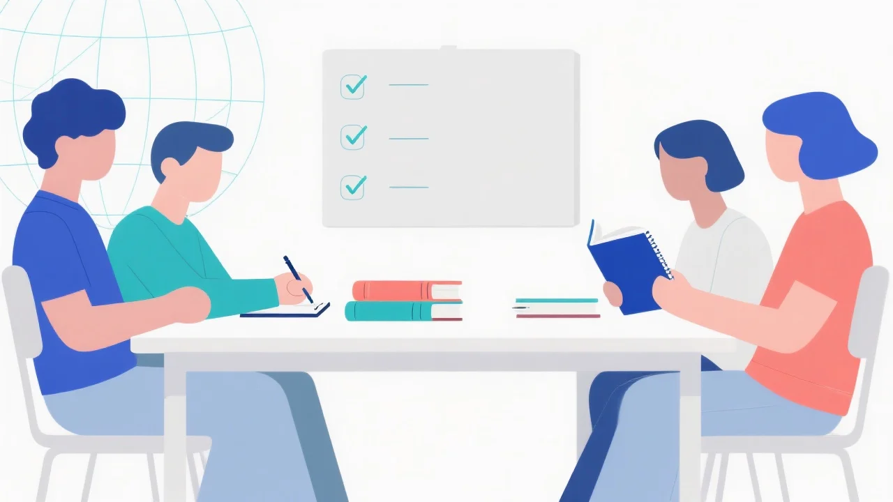 Estudantes em cadeiras ao redor da mesa estudando inglês, quadro com checkmarks